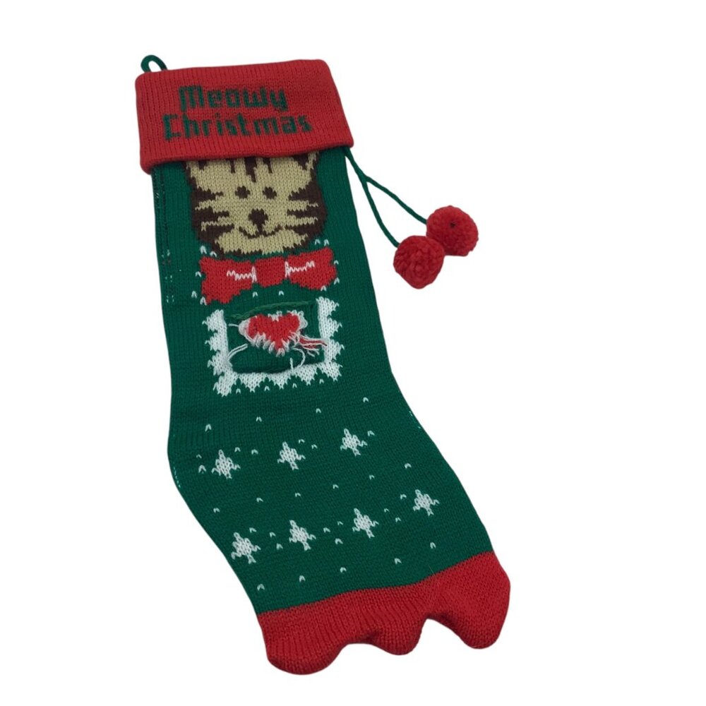Vtg Christmas Knitted Cat Stocking Pom‎ Poms "Meowy Christmas Text 15” Green Red